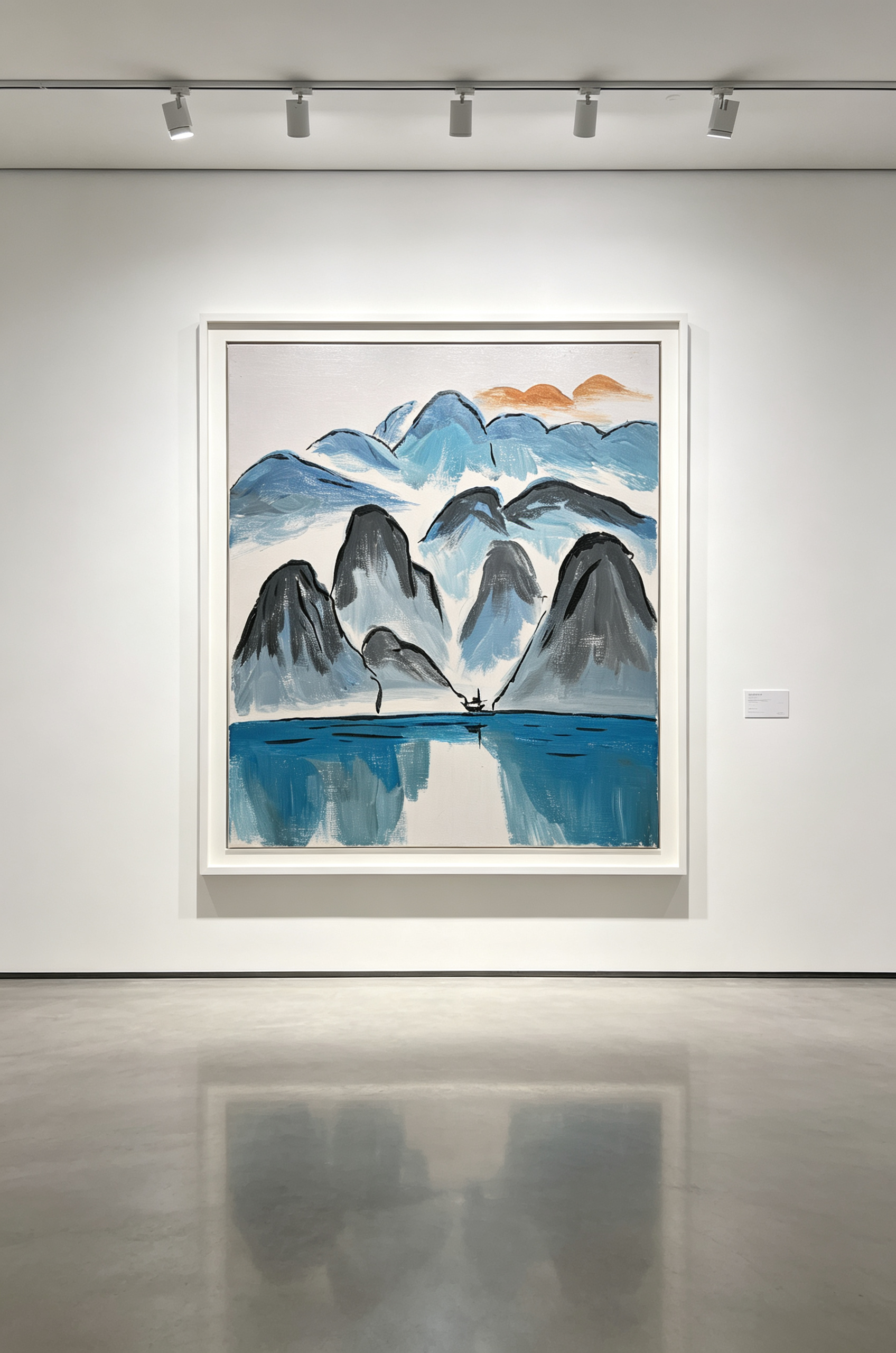 Oil painting of gray-blue mountains with a small boat on calm blue water