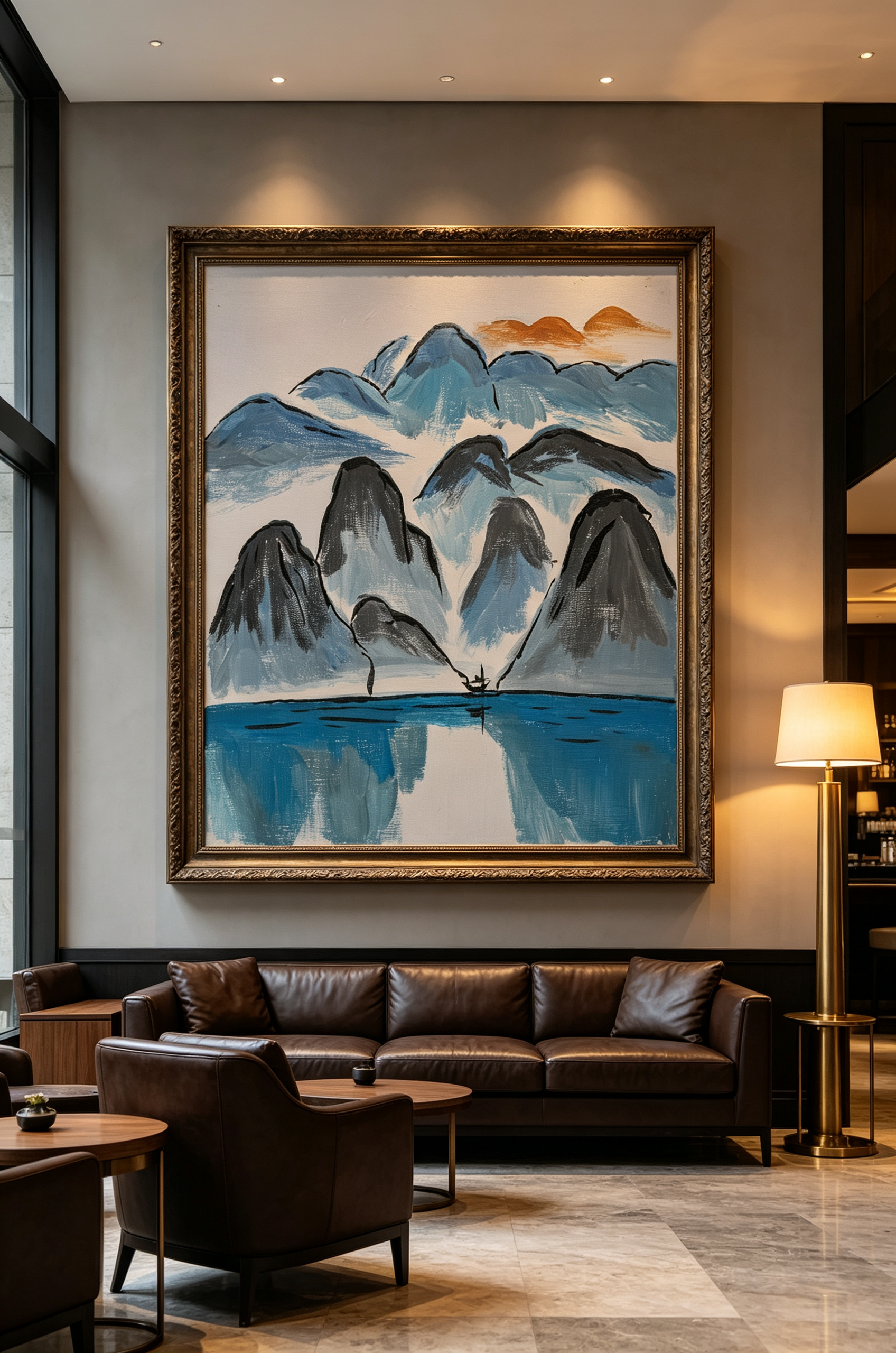 Oil painting of gray-blue mountains with a small boat on calm blue water
