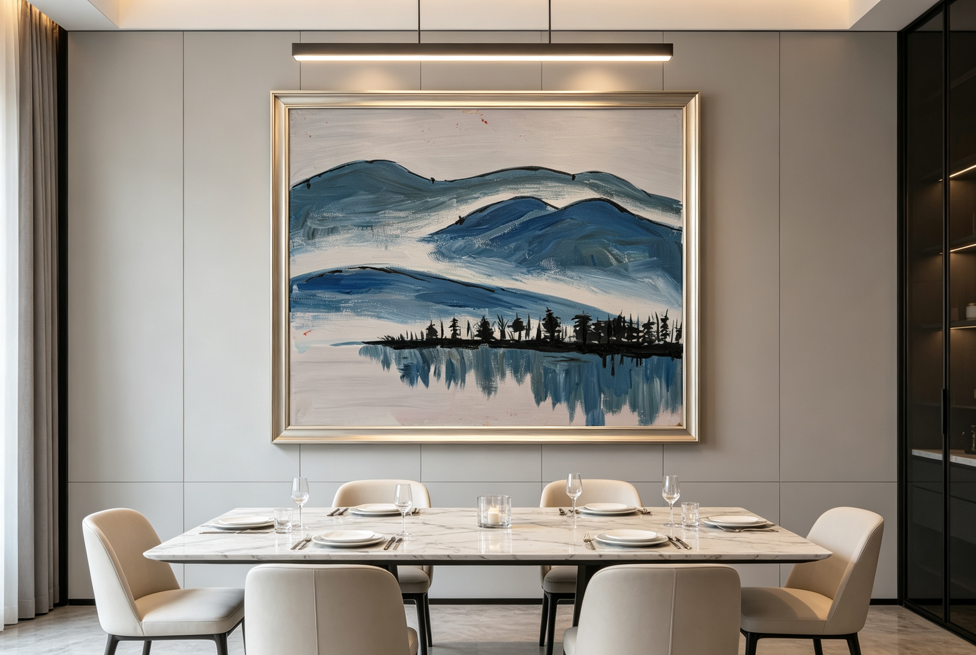 Oil painting of blue rolling ridges with dark tree silhouettes reflected in water