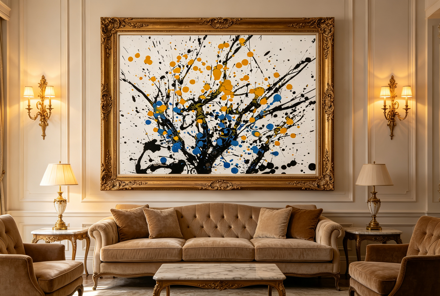 Abstract oil painting with black branching splatter lines and orange blue dots on white