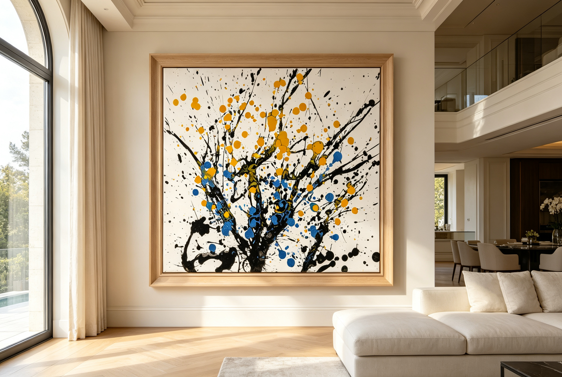 Abstract oil painting with black branching splatter lines and orange blue dots on white