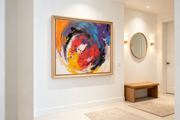 Abstract oil painting with a swirling red and orange center surrounded by purple, blue, and yellow brushstrokes.