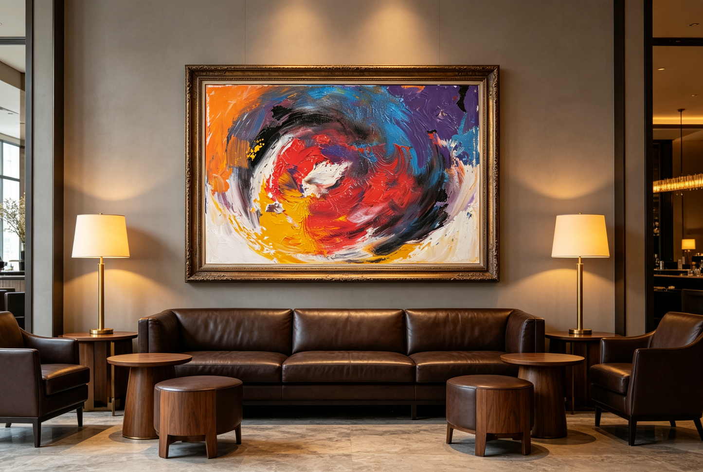 Abstract oil painting with a swirling red and orange center surrounded by purple, blue, and yellow brushstrokes.