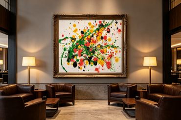 Abstract oil painting with green, yellow, red, and black splatters and dots on a white background.