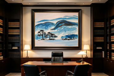 Landscape oil painting with blue mountains and dark trees in a serene, minimalist style.