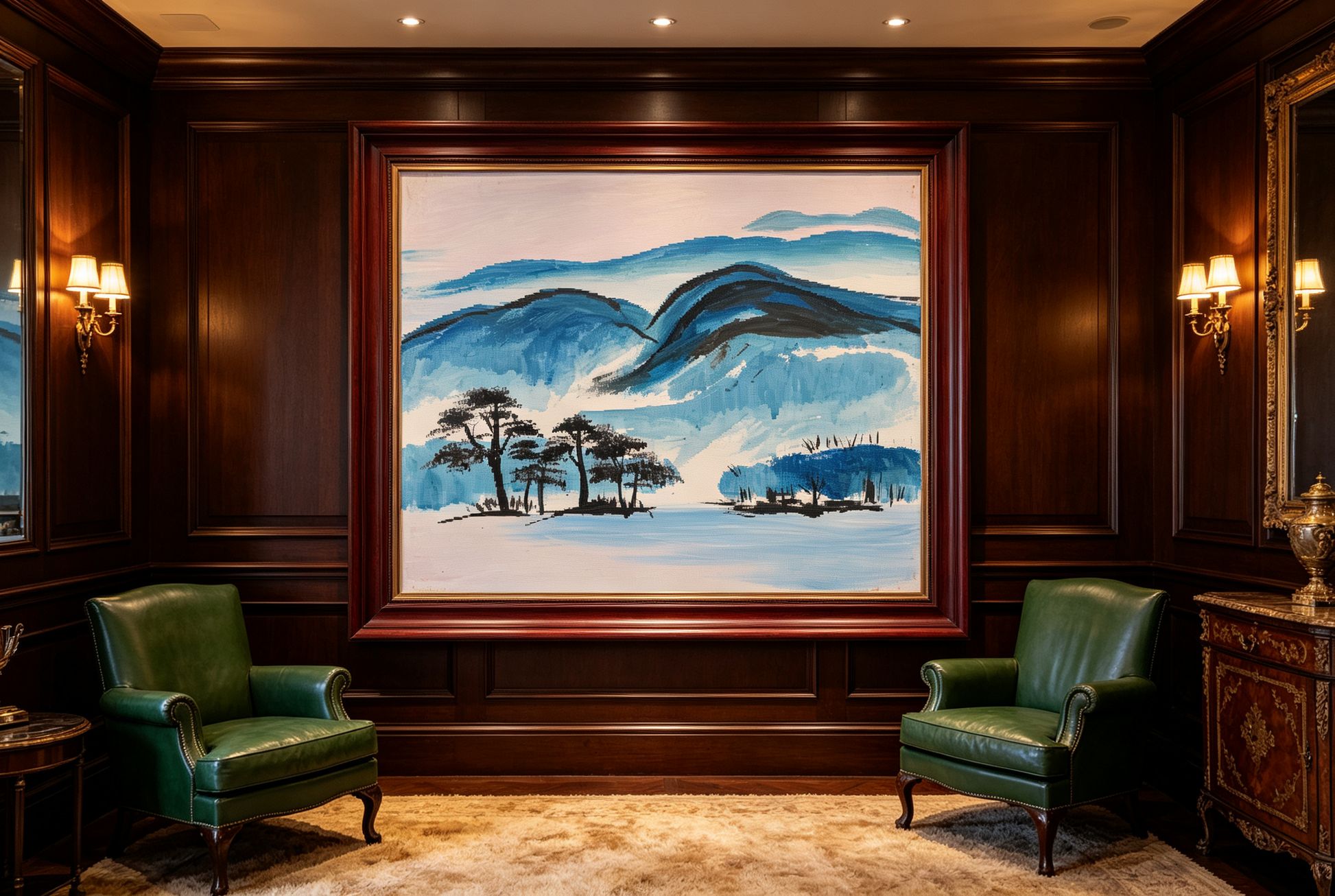 Landscape oil painting with blue mountains and dark trees in a serene, minimalist style.