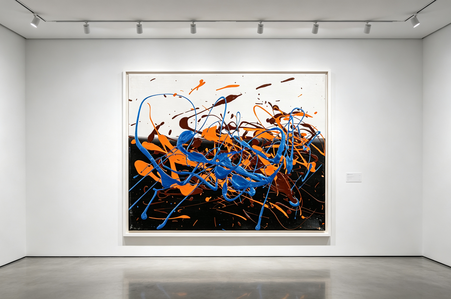 Abstract oil painting with dripping orange, blue, and brown lines on a dark background.