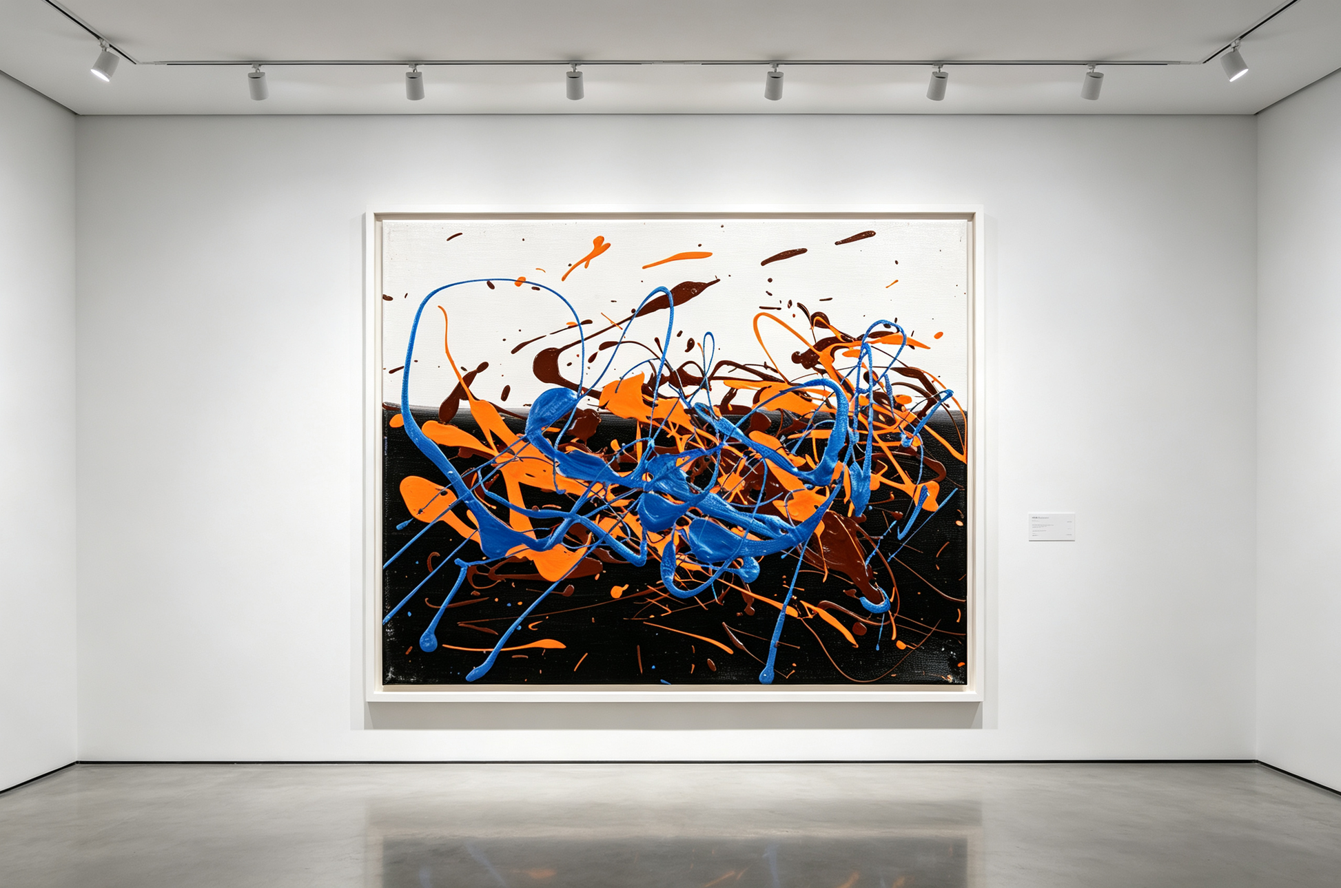 Abstract oil painting with dripping orange, blue, and brown lines on a dark background.