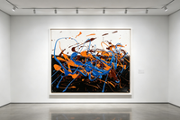 Abstract oil painting with dripping orange, blue, and brown lines on a dark background.