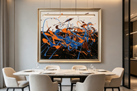 Abstract oil painting with dripping orange, blue, and brown lines on a dark background.