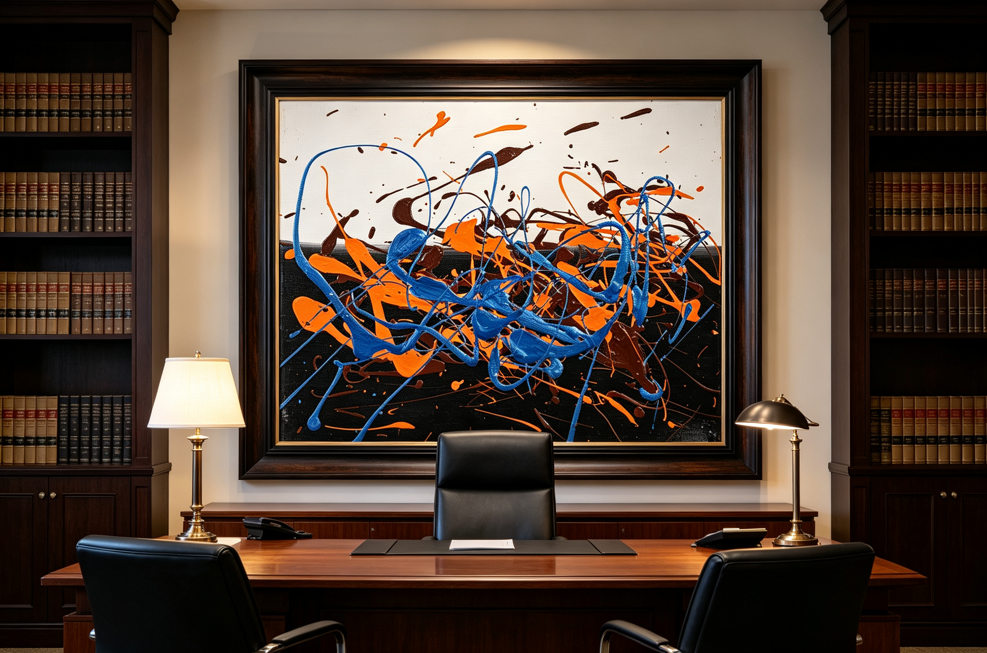 Abstract oil painting with dripping orange, blue, and brown lines on a dark background.