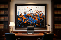 Abstract oil painting with dripping orange, blue, and brown lines on a dark background.