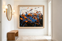 Abstract oil painting with dripping orange, blue, and brown lines on a dark background.