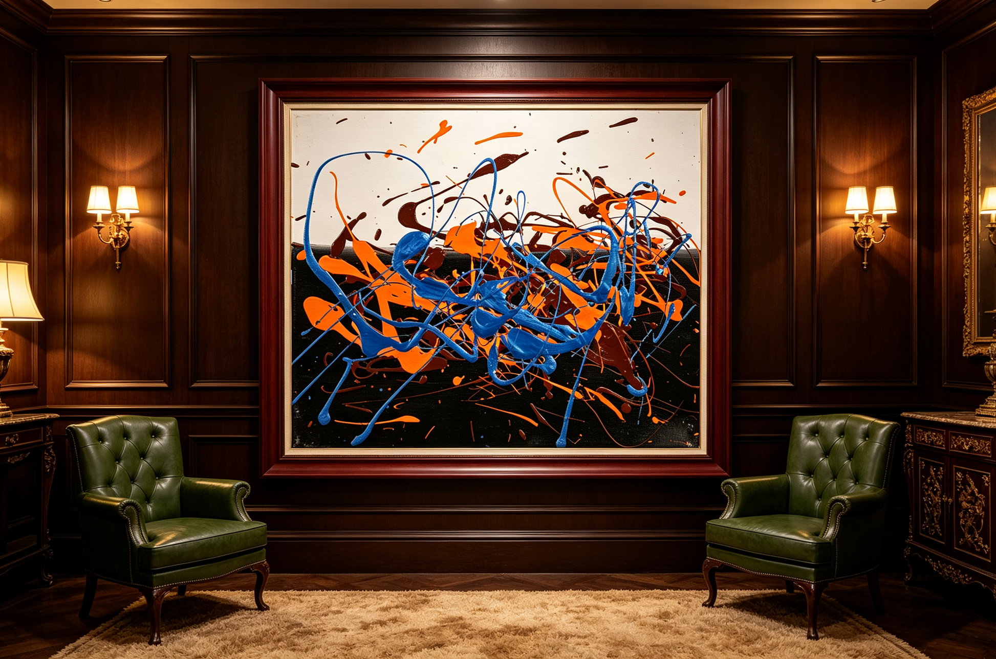 Abstract oil painting with dripping orange, blue, and brown lines on a dark background.