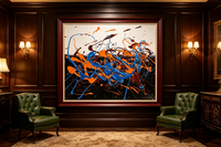 Abstract oil painting with dripping orange, blue, and brown lines on a dark background.
