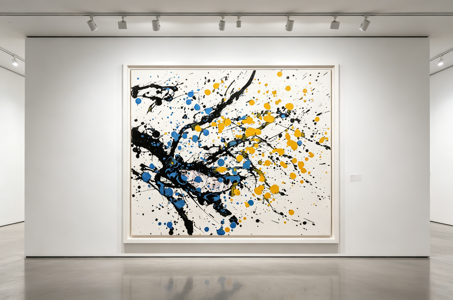 Abstract oil painting with black branching strokes and blue yellow splatter dots