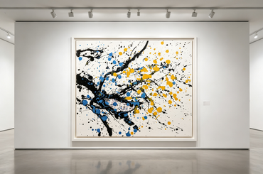 Abstract oil painting with black branching strokes and blue yellow splatter dots