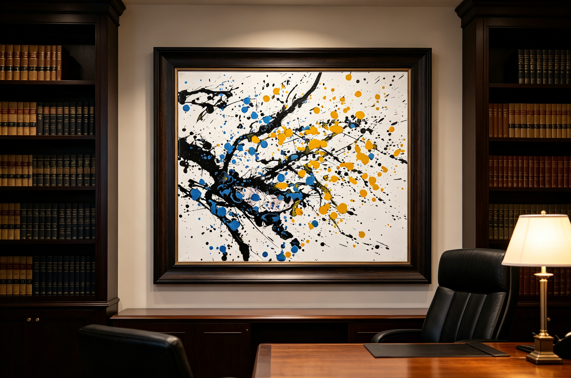 Abstract oil painting with black branching strokes and blue yellow splatter dots
