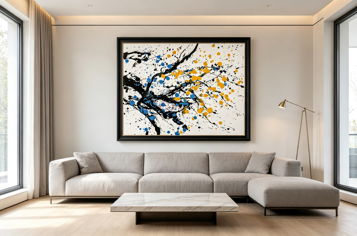Abstract oil painting with black branching strokes and blue yellow splatter dots