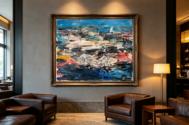 Textured abstract oil painting in deep blue black gray with red orange accents