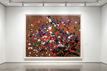 Colorful splatter oil painting with purple green red dots on brown ground