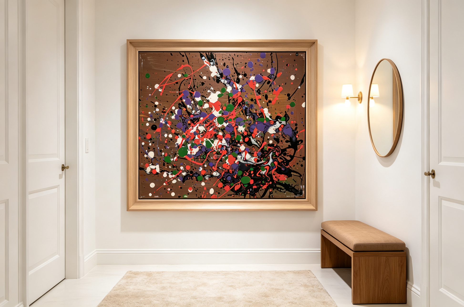 Colorful splatter oil painting with purple green red dots on brown ground