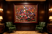 Colorful splatter oil painting with purple green red dots on brown ground