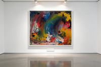 Abstract oil painting with swirling strokes of violet, crimson, indigo, and ochre
