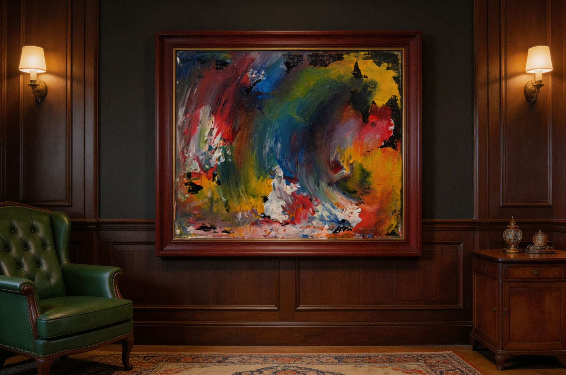Abstract oil painting with swirling strokes of violet, crimson, indigo, and ochre