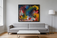 Abstract oil painting with swirling strokes of violet, crimson, indigo, and ochre