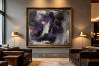 Abstract oil painting in gray, black, and violet with radiating white strokes