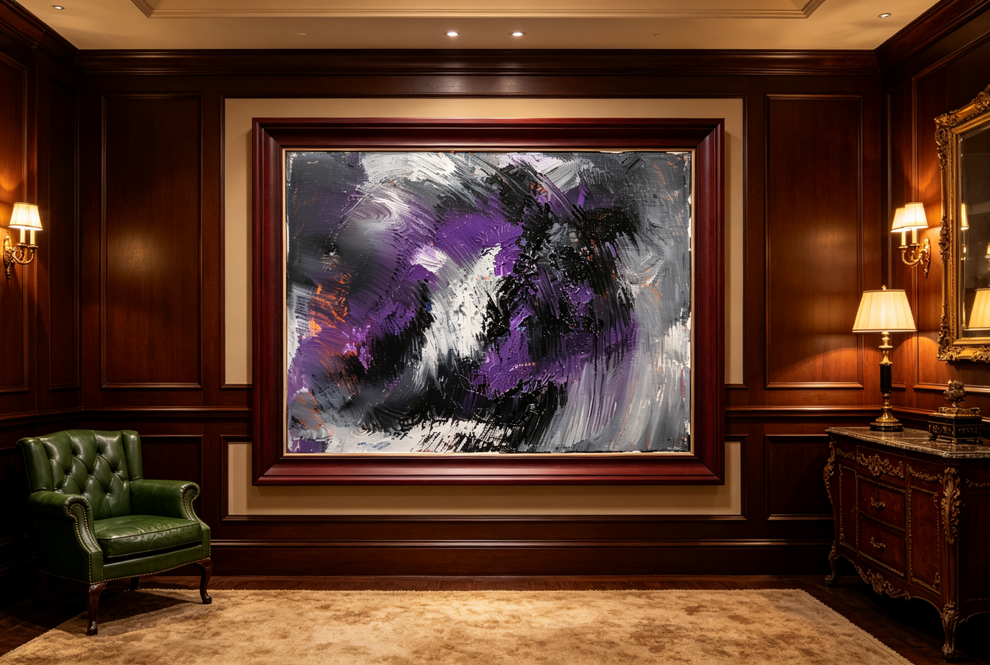Abstract oil painting in gray, black, and violet with radiating white strokes