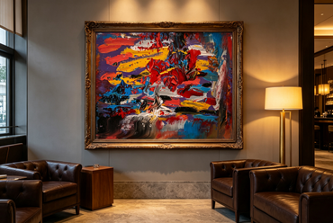 Abstract oil painting with layered red, yellow, and blue strokes over violet