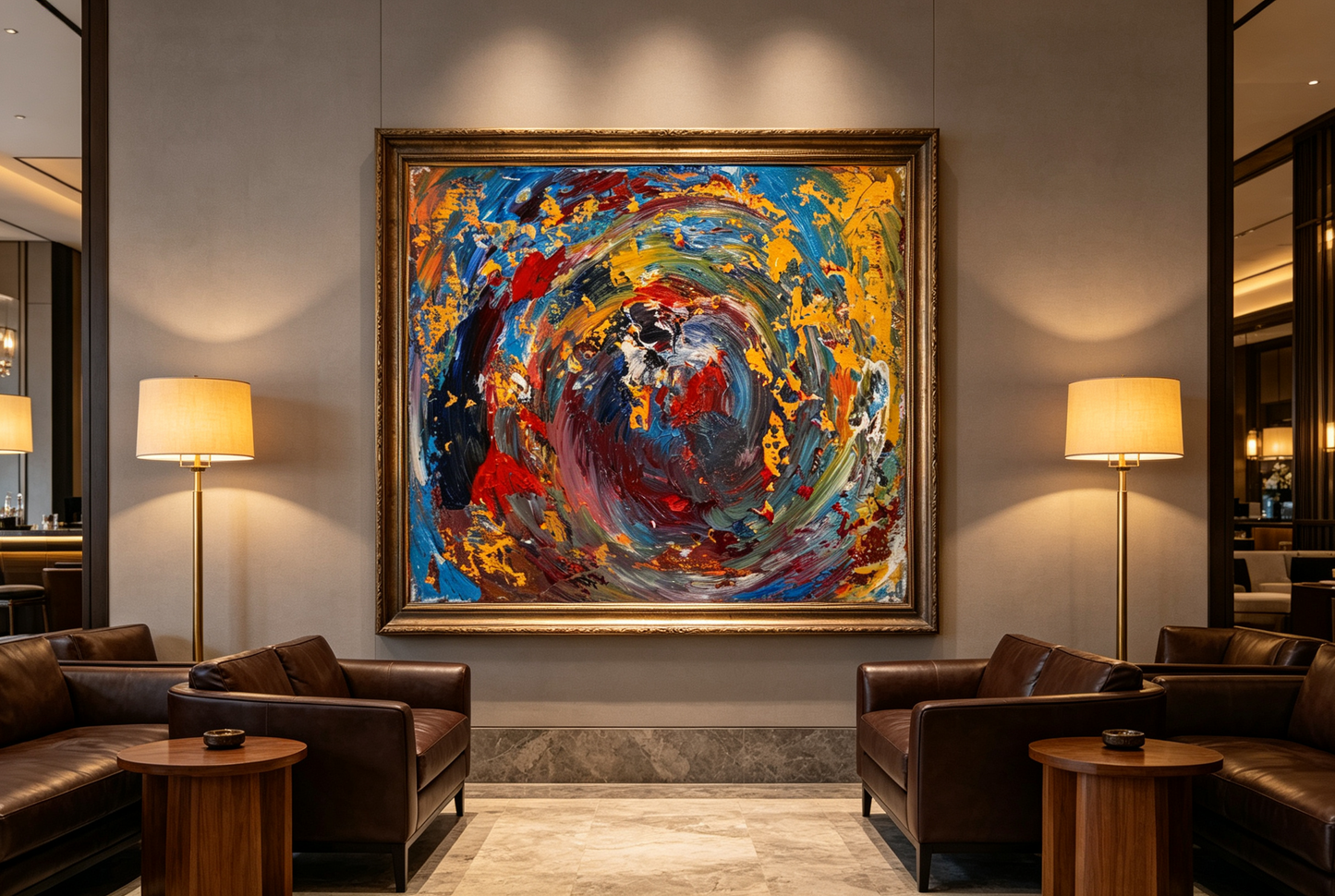 Abstract oil painting with blue and gold circular swirl around a red center