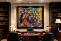 Abstract oil painting with blue and gold circular swirl around a red center