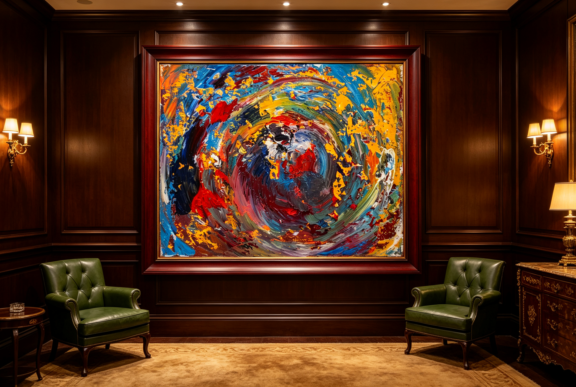 Abstract oil painting with blue and gold circular swirl around a red center