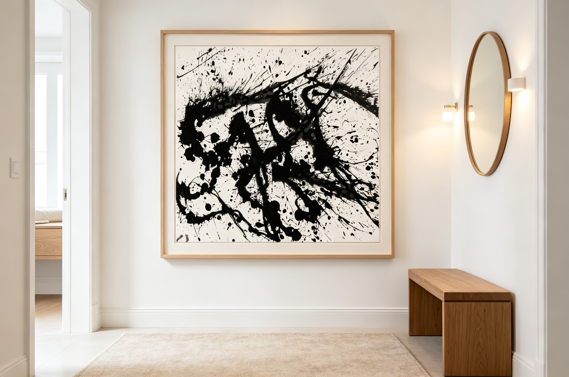 Abstract oil painting with black splashes and drips radiating across white canvas