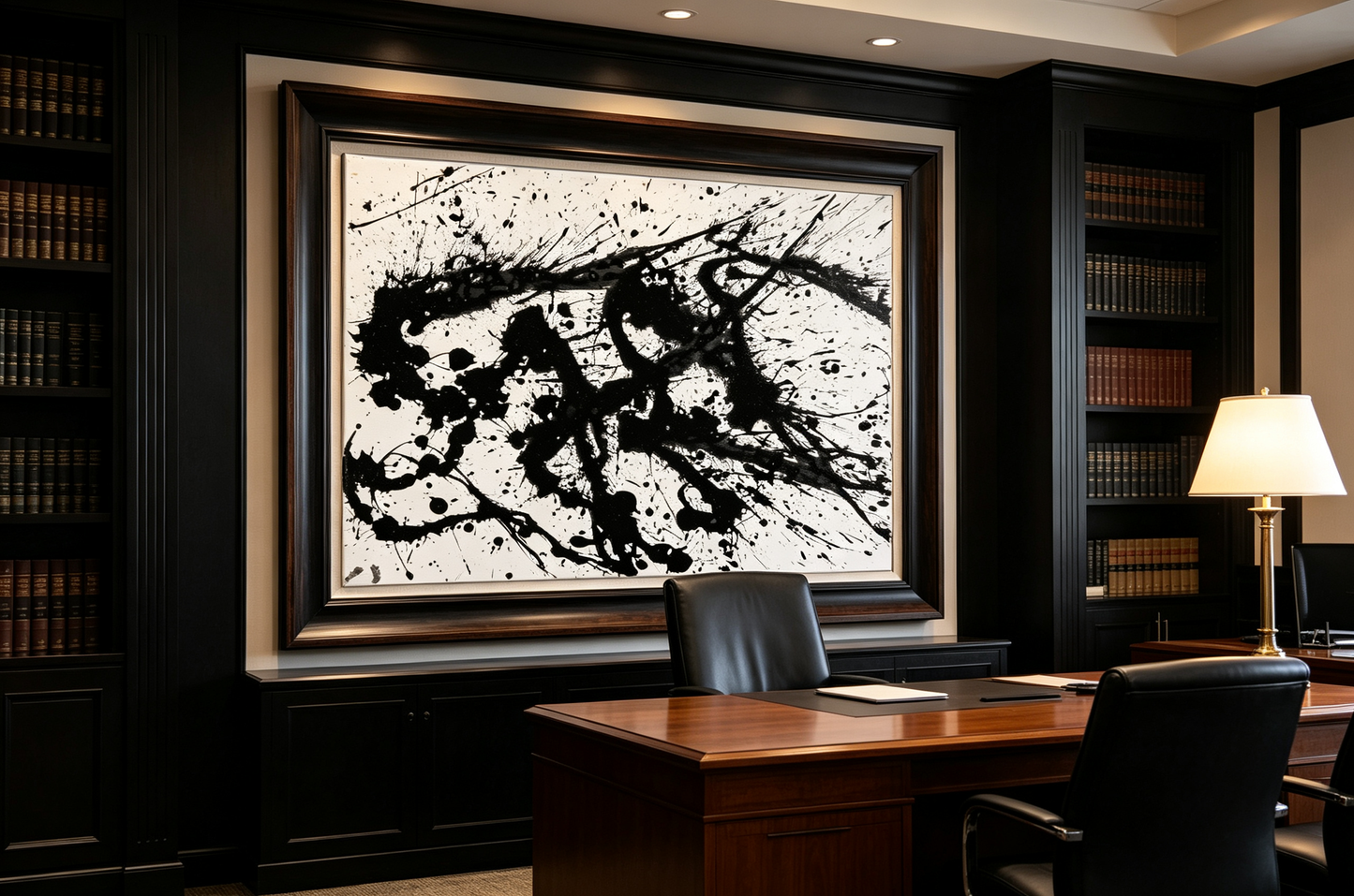 Abstract oil painting with black splashes and drips radiating across white canvas