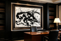 Abstract oil painting with black splashes and drips radiating across white canvas