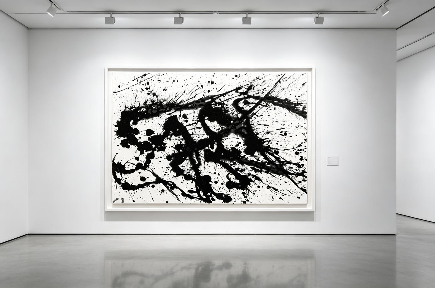 Abstract oil painting with black splashes and drips radiating across white canvas