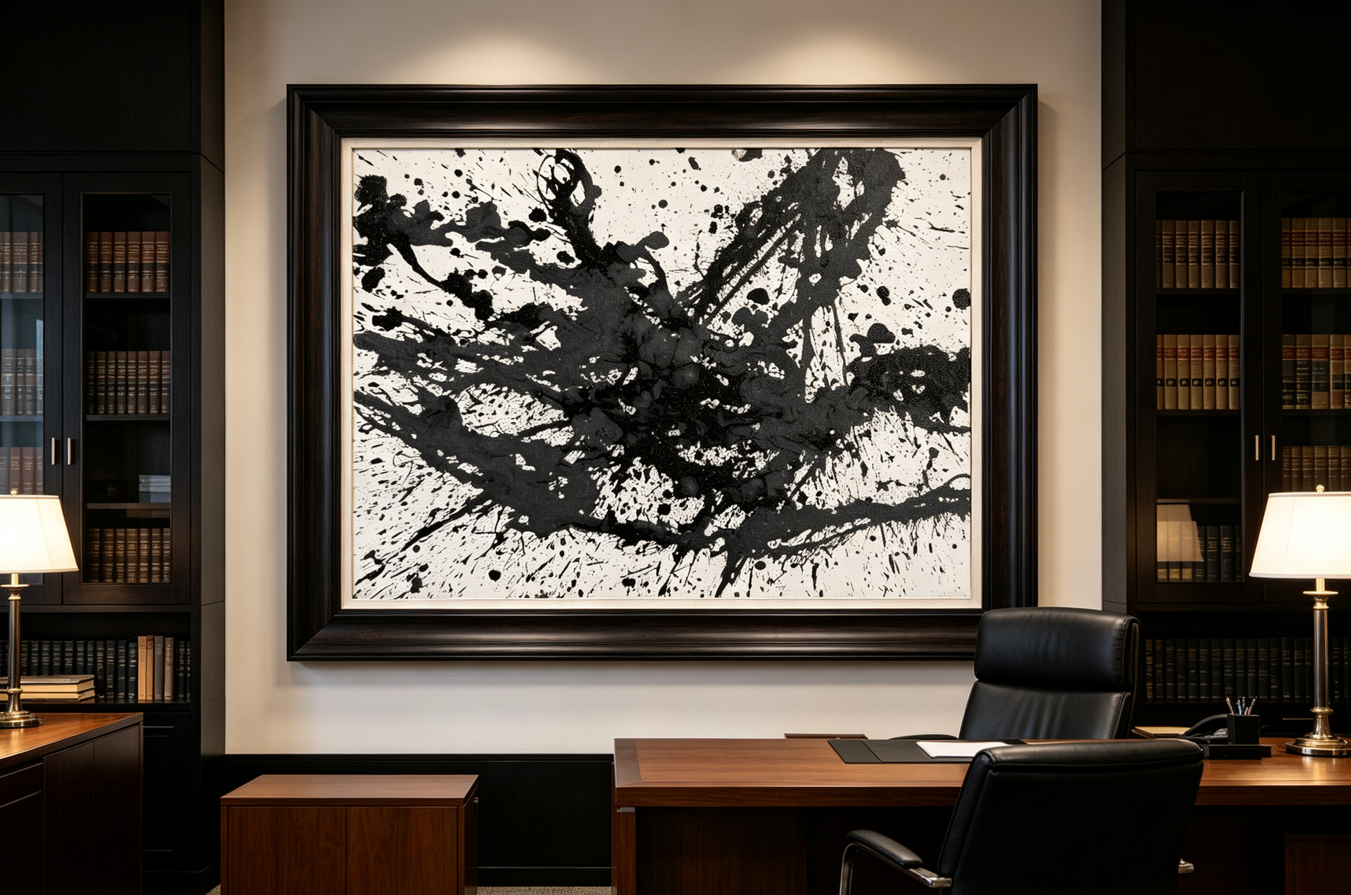 Abstract oil painting with black and gray explosive splatter pattern on light ground