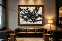 Abstract oil painting with black and gray explosive splatter pattern on light ground