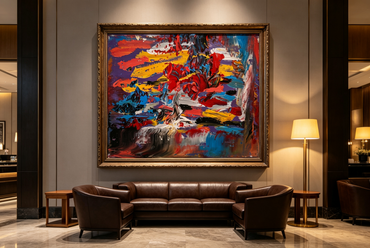 Textured abstract oil painting with thick red, yellow and blue strokes on purple ground