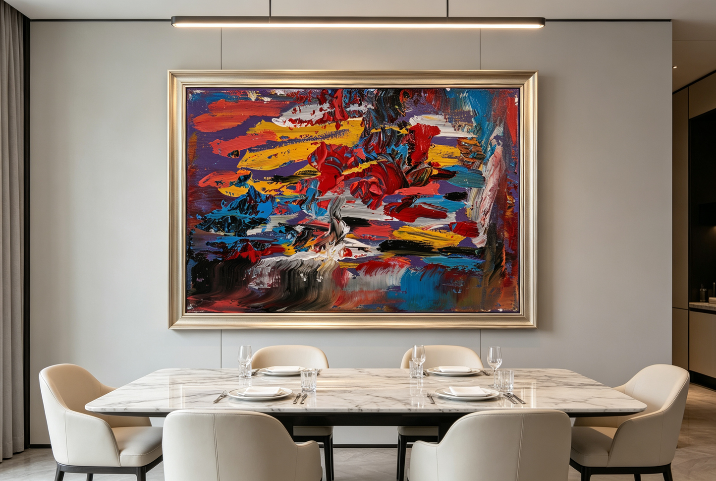 Textured abstract oil painting with thick red, yellow and blue strokes on purple ground