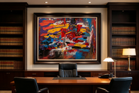 Textured abstract oil painting with thick red, yellow and blue strokes on purple ground
