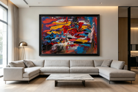 Textured abstract oil painting with thick red, yellow and blue strokes on purple ground