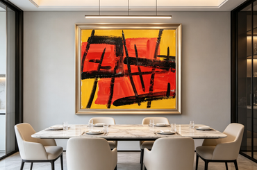 Abstract oil painting with red rectangles, yellow background and black grid lines