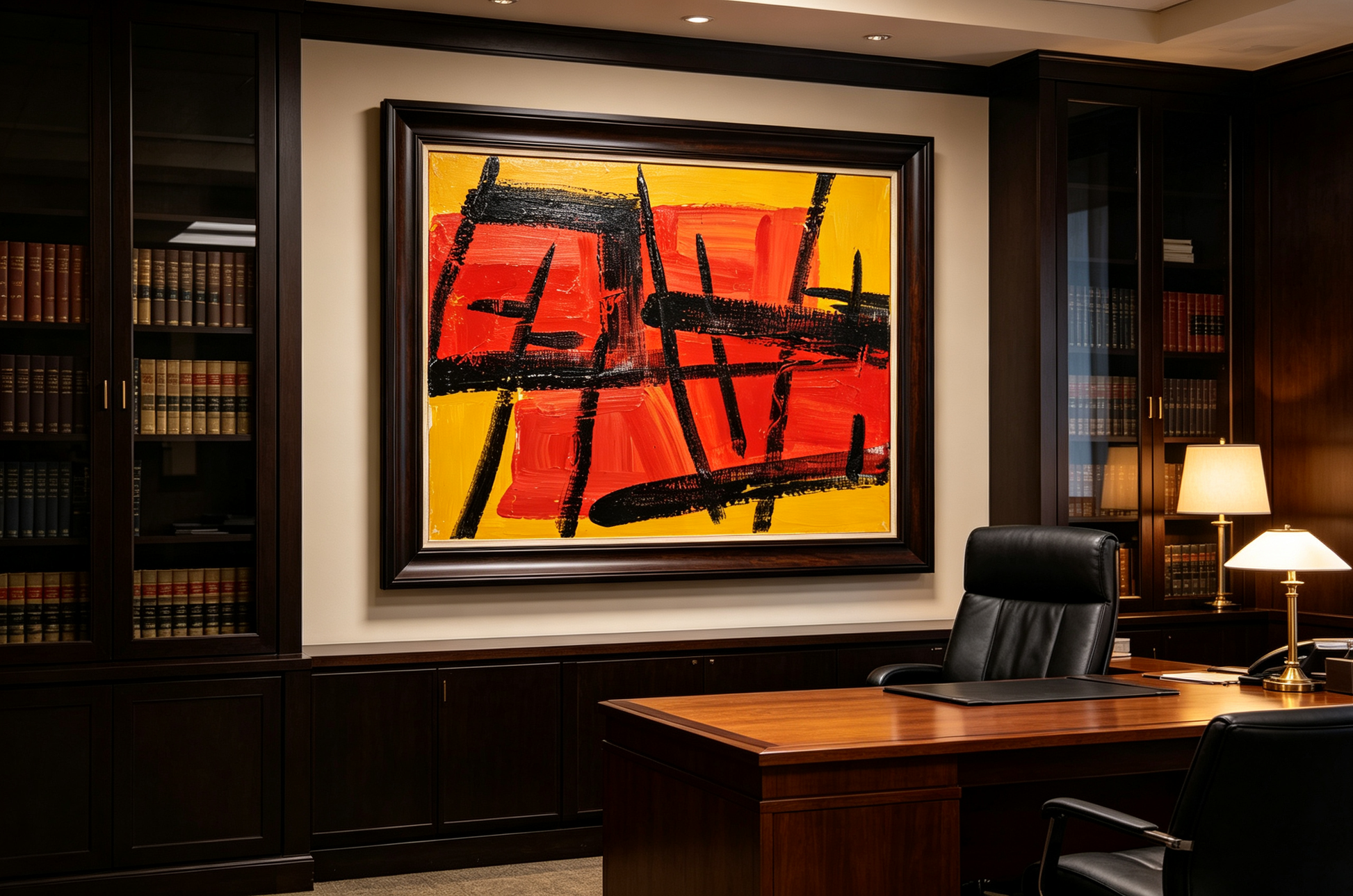 Abstract oil painting with red rectangles, yellow background and black grid lines