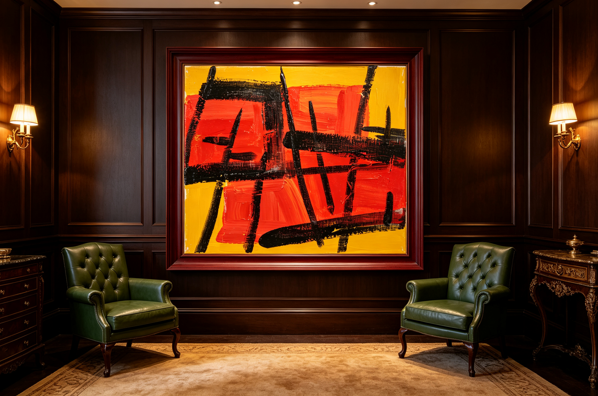 Abstract oil painting with red rectangles, yellow background and black grid lines