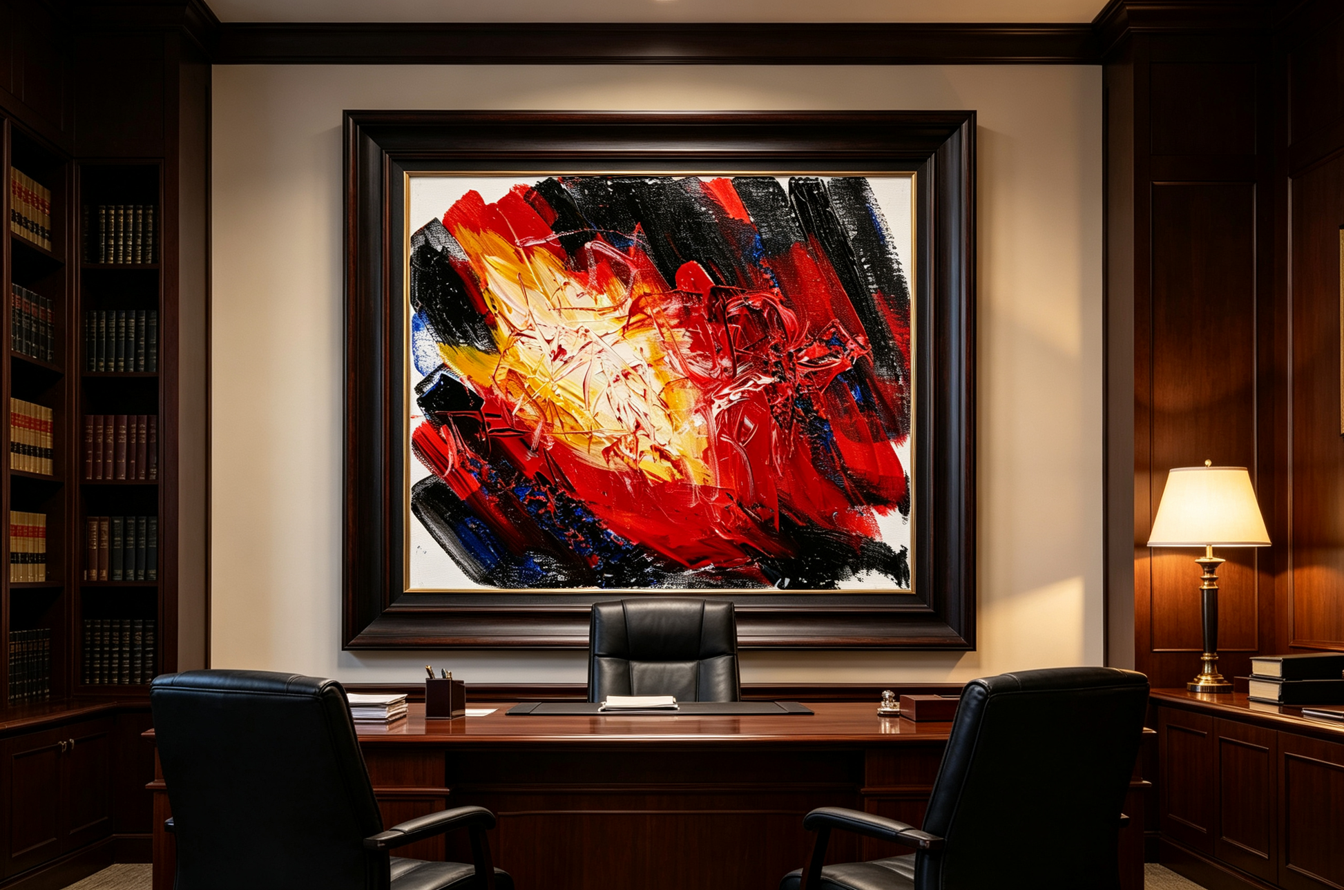 Abstract oil painting with thick red, black, and gold brushstrokes swirling around a bright cream center